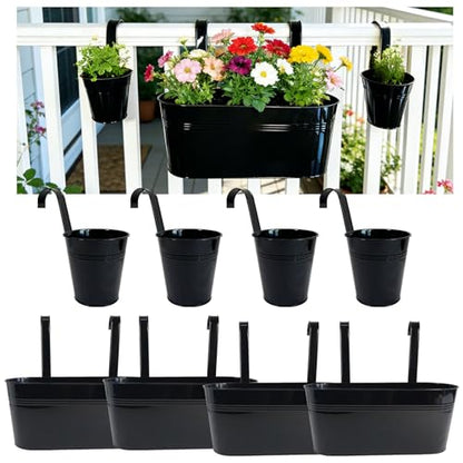 8 Pack Mixed Size Metal Fence Planters Set with Detachable Hooks, Black - color: Black, size: Oval*4 + Round*4