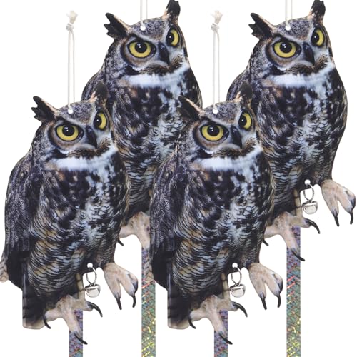 Owls Scarers for Garden, 4Pack Fake Owls to Frighten Animals, Owl Reflective Devices Double Sided Owl Reflectors for Garden Patio Windows - color: 4 Black-feathered Owl