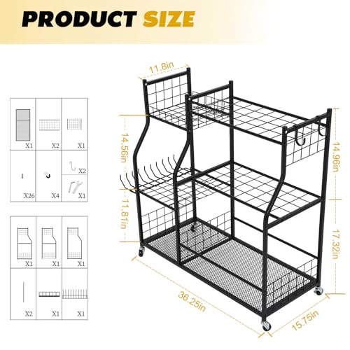 Garden Tool Organizer with Wheels for Garage Shed Yard Outdoor Storage Rack