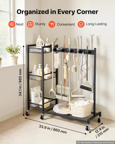VEVOR Broom Holder with Cleaning Supplies Organizer, Garage Storage Metal - size: Medium