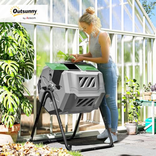 Outsunny Tumbling Compost Bin 360° Dual Chamber 43 Gallon, Light Gray - color: Light Gray