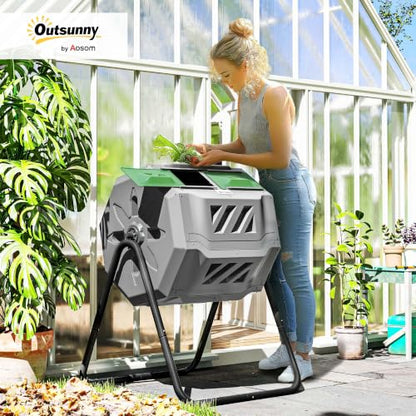 Outsunny Tumbling Compost Bin 360° Dual Chamber 43 Gallon, Light Gray - color: Light Gray