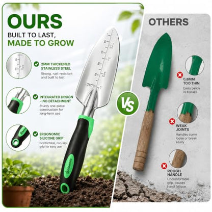 Bloomix Set of 3 Stainless Steel Gardening Tool Set – Hand Cultivator, Transplanter & Trowel with Soft-Grip Ergonomic Handles – Durable Garden Kit for Digging, Planting and Soil Care Green & Silver - color: Green & Silver