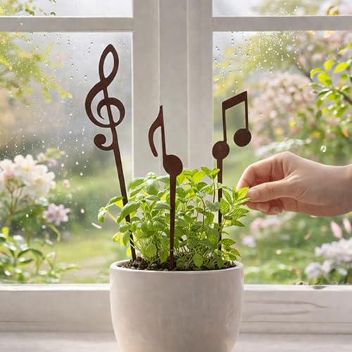 Metal Garden Decor Music Note Plant Stake Set for Flower Pots, Steel