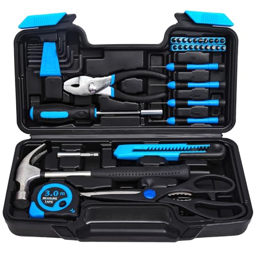 RVOGJP 39-Piece Basic Home Tool Set, General Repair Small Hand Tool Kit with Toolbox for Home, Garage, Office & College Dorm Use, Blue - color: Bule