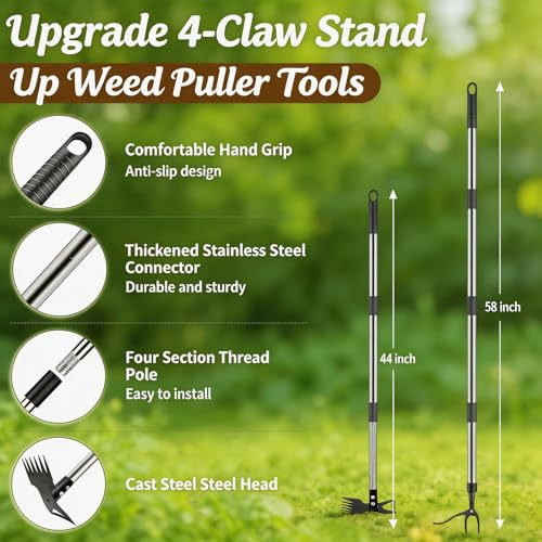Stand Up Weed Puller Tool 2 in 1 Heavy Duty Manual Weeder & Garden Hoe, 4-Claw Steel Head Weed Remover with Gloves for Yard Lawn Patio Flower Bed