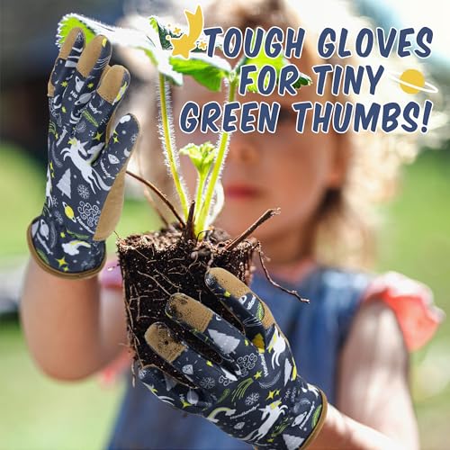 HANDLANDY Kids Leather Gardening Gloves, Kid Work Gloves, Blue, L - color: Blue (1 Pair), size: Large (Age 8-9)