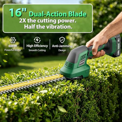 Cordless Hedge Trimmer 20V, 16" Shrub Trimmer & 6" Grass Shears, Electric Hedge Trimmer with 2 PCS Batteries & SK5 Blades for Garden, Bushes, Lawn
