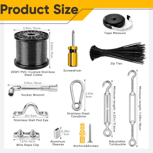 String Light Hanging Kit with 200FT Black Vinyl Coated Wire Rope - size: 200FT