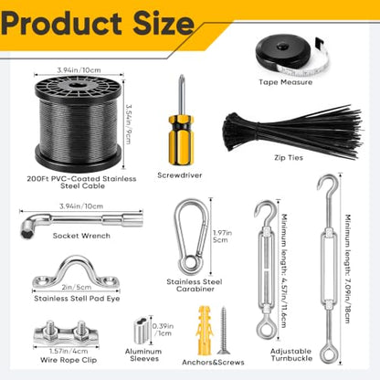 String Light Hanging Kit with 200FT Black Vinyl Coated Wire Rope - size: 200FT