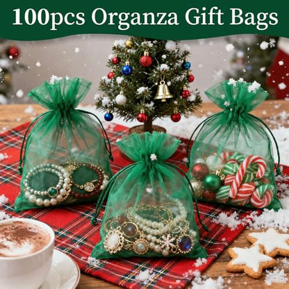 YHJZ 100PCS Dark Green Organza Bags, 4x6 Inch Small Mesh Bags Drawstring, Jewelry Gift Bags for Birthday Party, Treats, Wedding - color: Grass Green