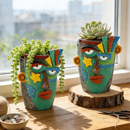 Abstract Face Planter Pot - 8inch Picasso Style Unique Plant Pots - color: Green