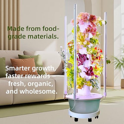Hydroponic Garden Tower with LED Lights, 32 Pods, Auto Watering System