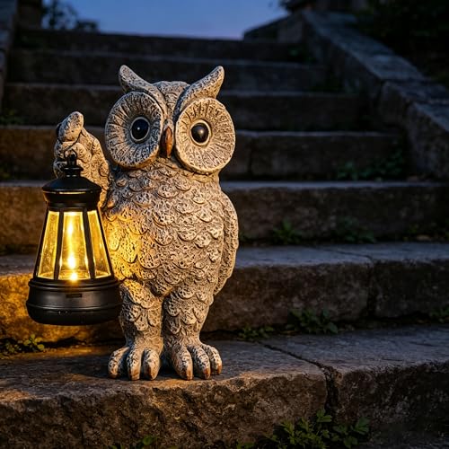 Solar Owl Garden Statue with LED Lantern, Waterproof Outdoor Resin Figurine (Grey Owl) - color: Owl1