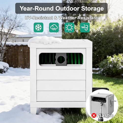 Metal Garden Hose Reel Box, Heavy Duty 150Ft 5/8" Large Capacity Hose Storage Deck Box with Hose Guide, 6Ft Leader Hose, Leak-Proof Aluminum Water Connection, Manual Crank Handle Easy Essemble (White)