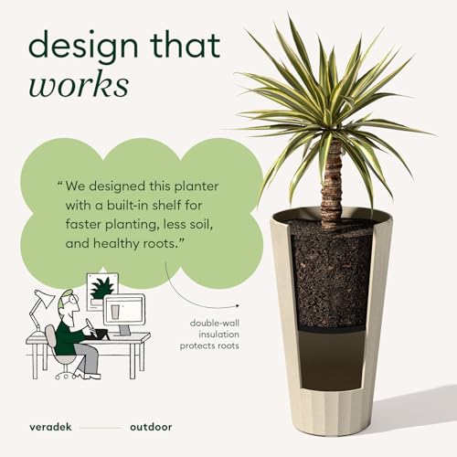 Veradek Column Series Tall Planter - Tapered Outdoor Planter with Shelf - color: Sand, style: Wide Groove