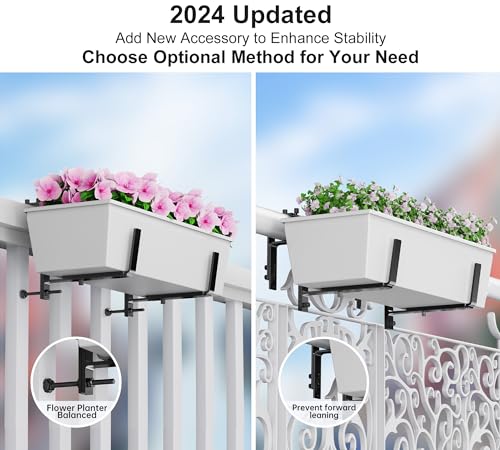 Y&M 2 Pcs Deck Railing Adjustable Planter Box Brackets (6 to 12.5 in), Universal Heavy Duty Iron Flower Box Brackets Wall Mounting Hooks for Fences, Patio, and Garden - Black (Patent Registered) - size: 2 Pcs - Black