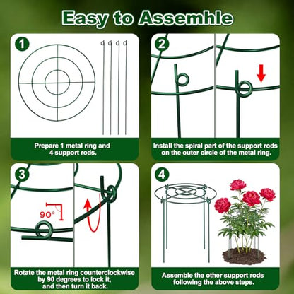 5 Pack Metal Peony Cages and Supports with 20 Plant Twist Clip Ties, Plant Support Stakes for Indoor Outdoor Plants, Tall Plant Holder Stick Kit, Plant Support Ring for Peony, Rose,Tomato, Hydrangea