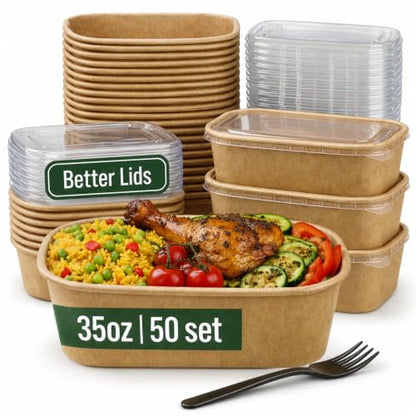 50 Pack 35oz Disposable Meal Prep Containers with Lids, Paper Food Bowls - size: 35Oz