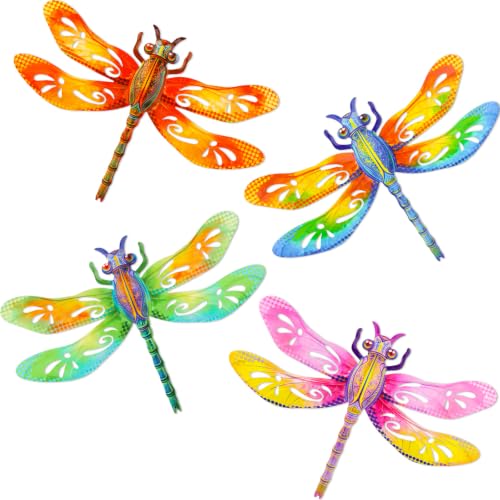 Metal Dragonfly Wall Decor, 4Pcs Dragonfly Iron Wall Art Sculptures Hanging Sculpture Decoration.Outdoor Fence Art 13.58 * 9.45 Inch for Home Garden, Fence, Patio, Yard, Bedroom Outside Gifts for Adults - color: Dragonfly-B-4Pcs