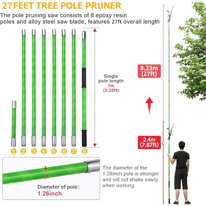27 Feet Tree Pole Pruner Manual Branches Trimmer Tree Branch Garden Tools Loppers Hand Pole Saws Extendable Height Adustable System for Sawing and Shearing - size: 27FT
