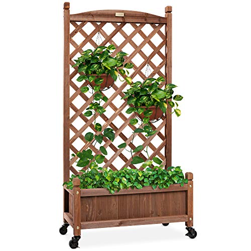 Best Choice Products 48in Wood Planter Box & Diamond Lattice Trellis, Mobile Outdoor Raised Garden Bed for Climbing Plants w/Drainage Holes, Optional Wheels - Walnut - color: Brown, size: 48in