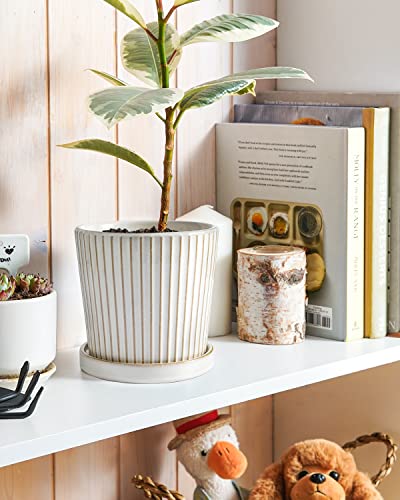 LE TAUCI Ceramic Pots for Plants, 5.4 Inch Plant Pots with Drainage Hole and Saucer, Indoor Plant Pots for Succulent, Snake Plants and Cactus, Flower Pots, Set of 2, Reactive Glaze White - size: 5.4 inch, style: Clover Trellis & Vertical Ribbed Set