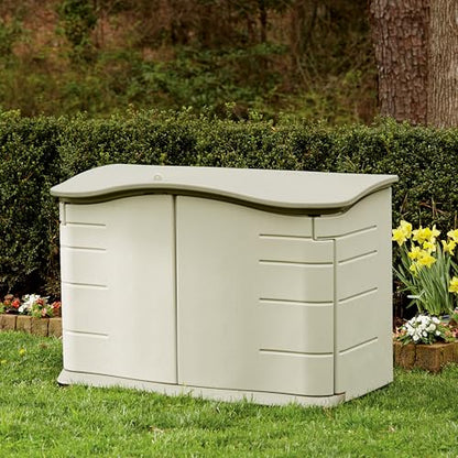 Rubbermaid Small Horizontal Resin Outdoor Storage Shed With Floor (4.5 x 3 Ft) Weather Resistant, Beige/Brown, Organization for Home/Backyard/Pool Chemicals/Toys/Garden Tools/Porch/Patio Cushions - style: Small Horizontal Shed