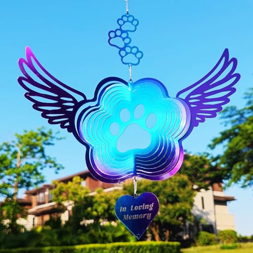 Dog Cat Paw Print Sympathy Gifts Stainless Steel Pet Memorial Wind Spinners - color: Purple-blue Paw Print