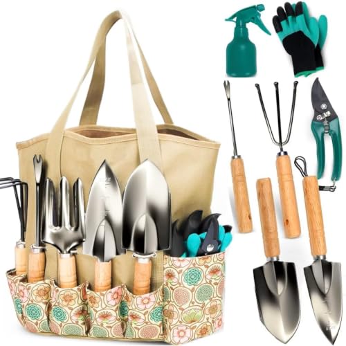Scuddles 8-Piece Garden Tool Set with Carry Bag, Includes Shovel, Trowel, Rake & Hand Tools for All Gardening Tasks, Heavy Duty Lightweight Design 2.2 lb – Perfect for Men, Women & Gardening Gifts - color: Floral