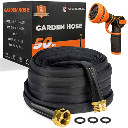 Giraffe Tools Garden Hose 50FT Lightweight Lay Flat Water Hose Kink Free Flexible Hose with 9 Spray Function Nozzle（Black） - size: 50FT