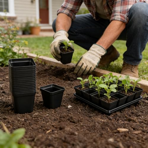 2.6in 100 Pcs Square Nursery Pots with 5 Pcs Plastic Seed Starting Trays - size: 2.4in-100pcs