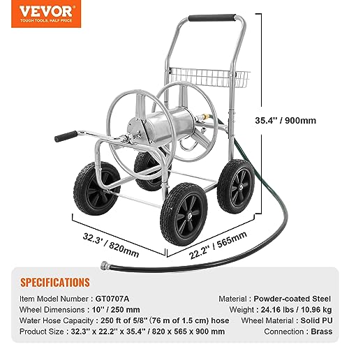 VEVOR Hose Reel Cart, Hold Up to 250 ft of 5/8’’ Hose, Garden Water Hose Carts Mobile Tools with 4 Wheels, Heavy Duty Powder-Coated Steel Outdoor Planting with Storage Basket, for Garden, Yard, Lawn - size: 250 ft