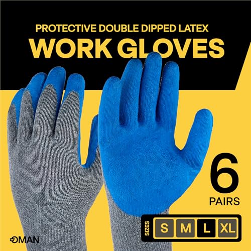Oman Blue Latex Work Gloves, Double Dipped, XL, 6 Pairs