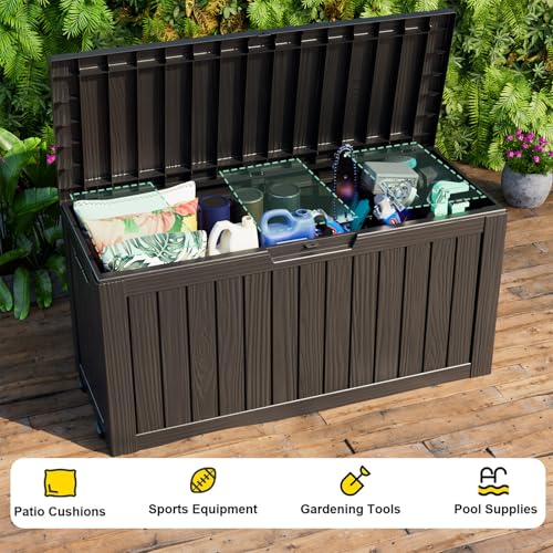 Outdoor Waterproof Resin Storage Deck Box Lockable Outside Bench UV Resistant Bin Patio Porch Furniture Pool Float Garden Tool Cushion (Black, 85 Gallon)