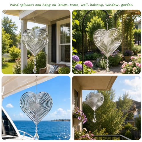 2 Pack Heart Wind Spinners Outdoor Hanging, 3D Stainless Steel Garden Decor
