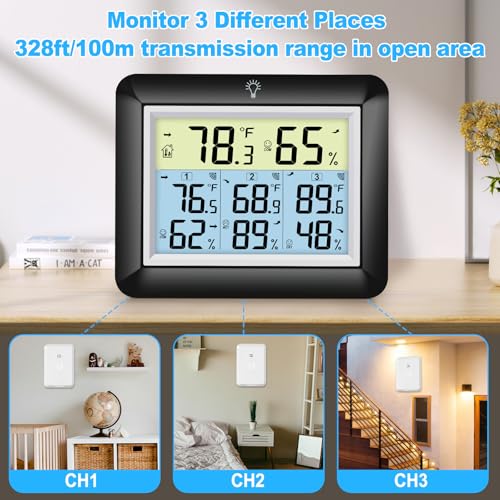 Urageuxy Wireless Indoor Outdoor Thermometer with 3 Sensors - color: Black