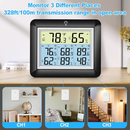 Urageuxy Wireless Indoor Outdoor Thermometer with 3 Sensors - color: Black
