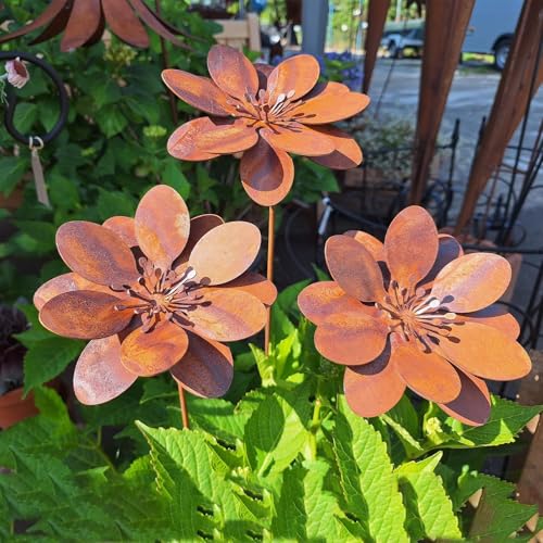 Rustic Metal Coneflower Garden Stakes, Set of 3, Rusted Iron Daisy Yard Art, 14x4 Inch, Weather-Resistant Lawn Pathway, Patio Decor (Brown) - color: Brown