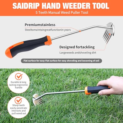 Weed Puller Tool, Portable Garden Weeder Tool, 2026 New Model Rubber Non-Slip Handle Stainless Steel 5-Teeth Weeding Tool, Garden Tools for Vegetable Gardening Backyard Farm Planting & Weeding Tool