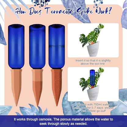 SiliFine 6 Sets Terracotta Watering Spikes,Blue Green and Terracotta - color: Blue Green and Terracotta