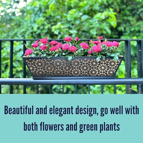 LaLaGreen Window Boxes Planters for Outdoor Plants (24 Inch, 2 Pack) Large Fence Hanging Planter Metal Deck Railing Flower Box with Coco Liner, Trendy Horse Troughs Balcony Pots Patio Porch Over Rail - size: 24" (61cm) x 2 pack