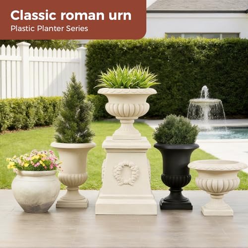 20" H Large Plastic Roman Urn Planter with 28" Tall Decorative Pedestal - color: Marble-set