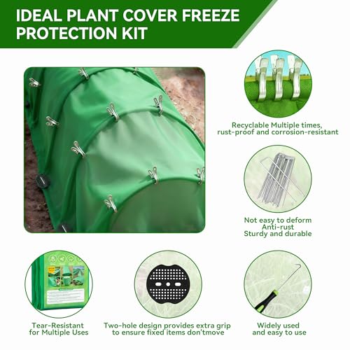 Plant Covers Freeze Protection kit，1.8 oz/yd²-10 ft x 33 ft Thickened Floating Row Cover for Outdoor Plants With 20 clips and 10 stakes staples& gasket & 1 Pick Hook, Winter Frost Protection(Green) - color: Green