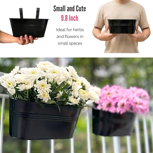 LaLaGreen Rail Planter (9.8 in, 5 Pack) Black Metal Balcony Porch Pots - size: 9.8" (25 cm) x 5 Pack