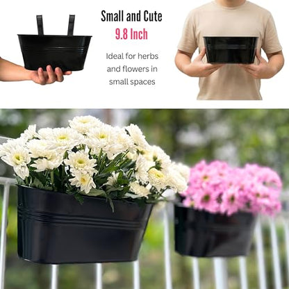 LaLaGreen Rail Planter (9.8 in, 5 Pack) Black Metal Balcony Porch Pots - size: 9.8" (25 cm) x 5 Pack