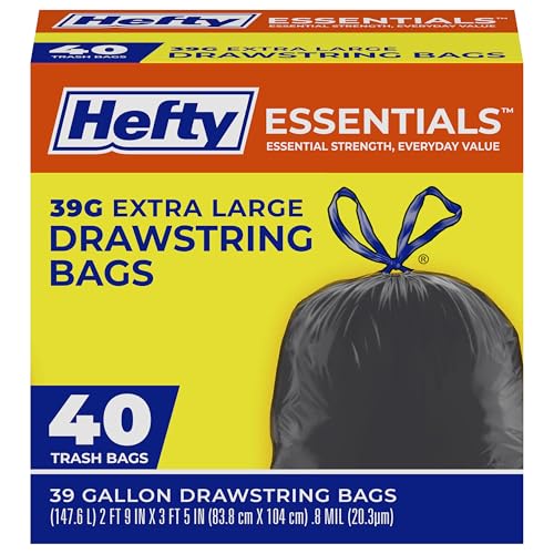 Hefty Essentials Extra Large 39 Gallon Trash Bags, Black, Unscented, 40ct - size: 40 Count (Pack of 1), style: Extra Large (39 Gallon )