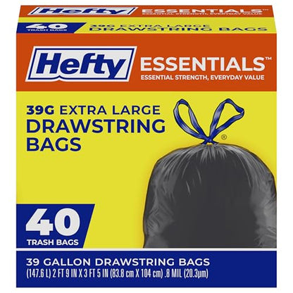 Hefty Essentials Extra Large 39 Gallon Trash Bags, Black, Unscented, 40ct - size: 40 Count (Pack of 1), style: Extra Large (39 Gallon )
