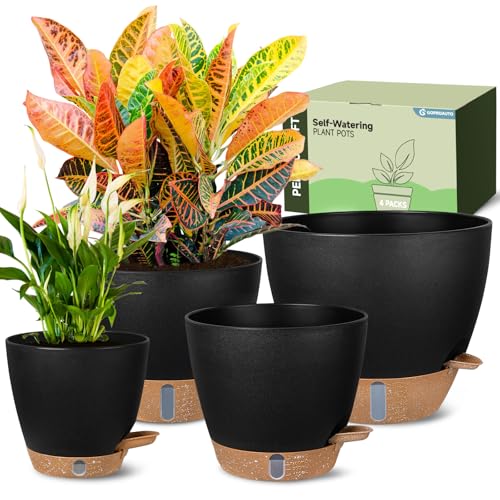 Self-Watering Pots for Indoor and Outdoor Plants 4 Pack, 6/8/10/12 Inch Planters with Water Level Indicator & Deep Reservoir, Decorative Flower Pots for Home Decor - color: Black, size: 6+8+10+12 inch