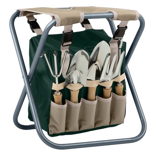 Pure Garden Folding Garden Stool with Tool Bag Plus 5 Garden Tools,Tan, Green and Silver - color: Gray/Black